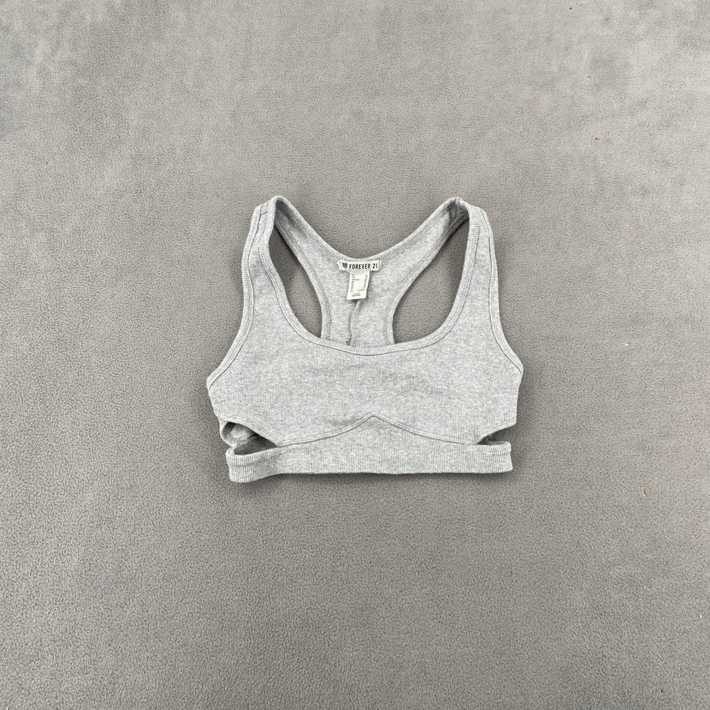 Forever‎ 21 Womens Grey Ribbed Racerback Sports Bra Side Cut Out Active Top XS